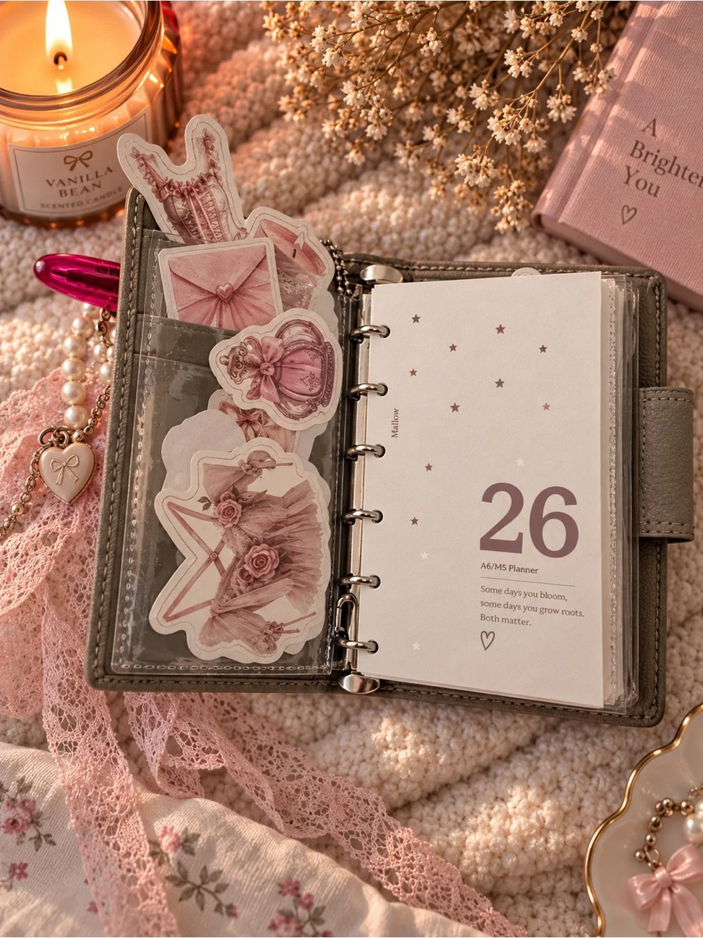Coach Taupe Leather Card Holder with Pink Bow Charm and Hot Pink Pen